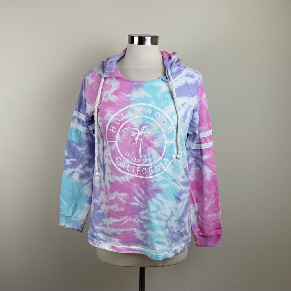 Lagaci Pink Purple Blue Tie Dye Long Sleeve Pastel Hoodie California Medium